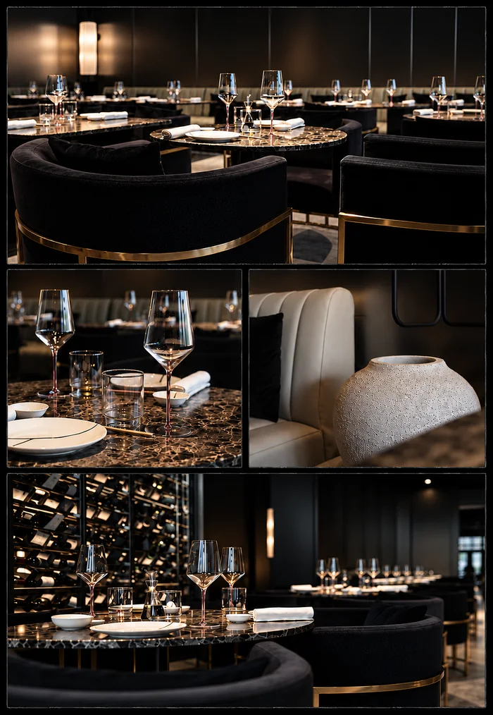 La sala di Tenki Japanese Dining: tavoli in marmo, poltroncine in velluto nero con profili dorati e la parete dei vini